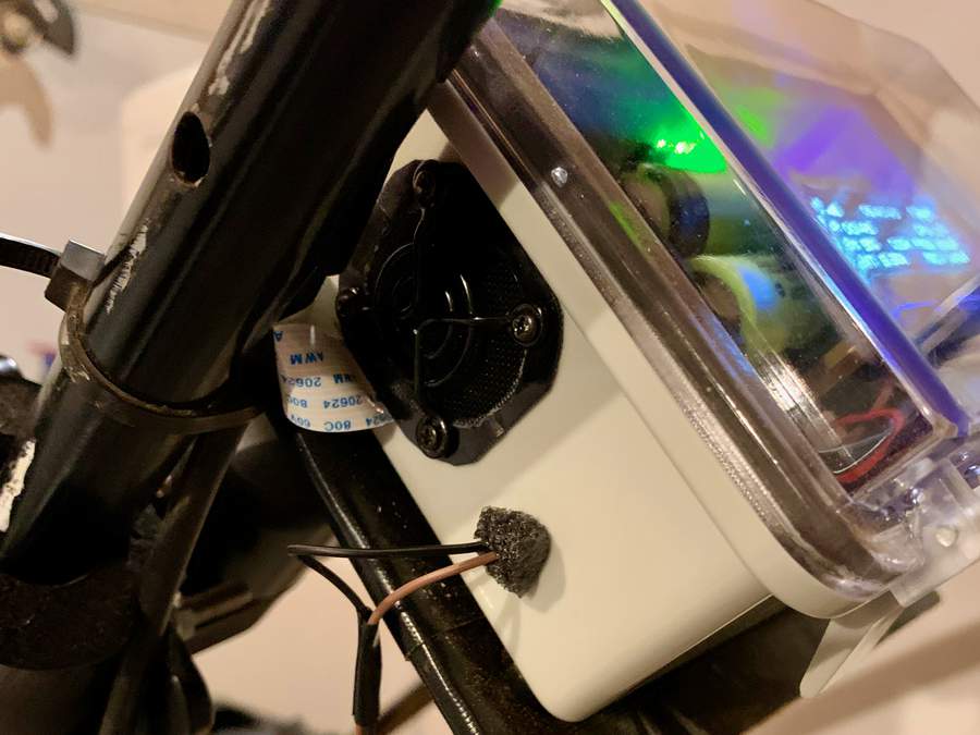 Homemade air filter attached to input case fan.