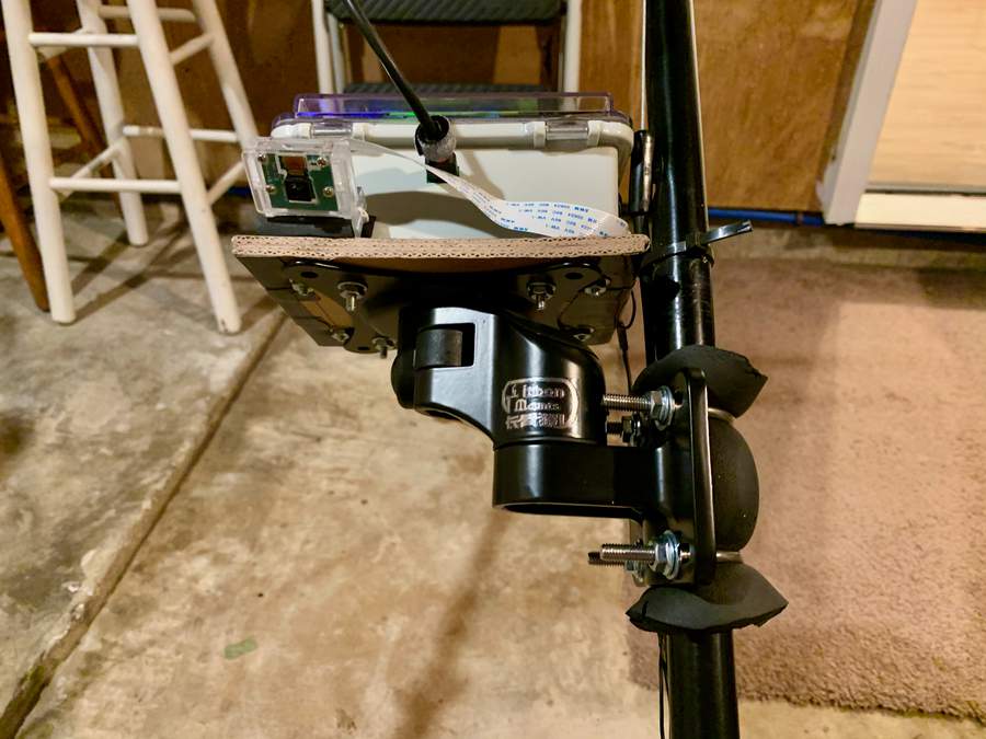 Pi in case mounted to lawnmower arm.